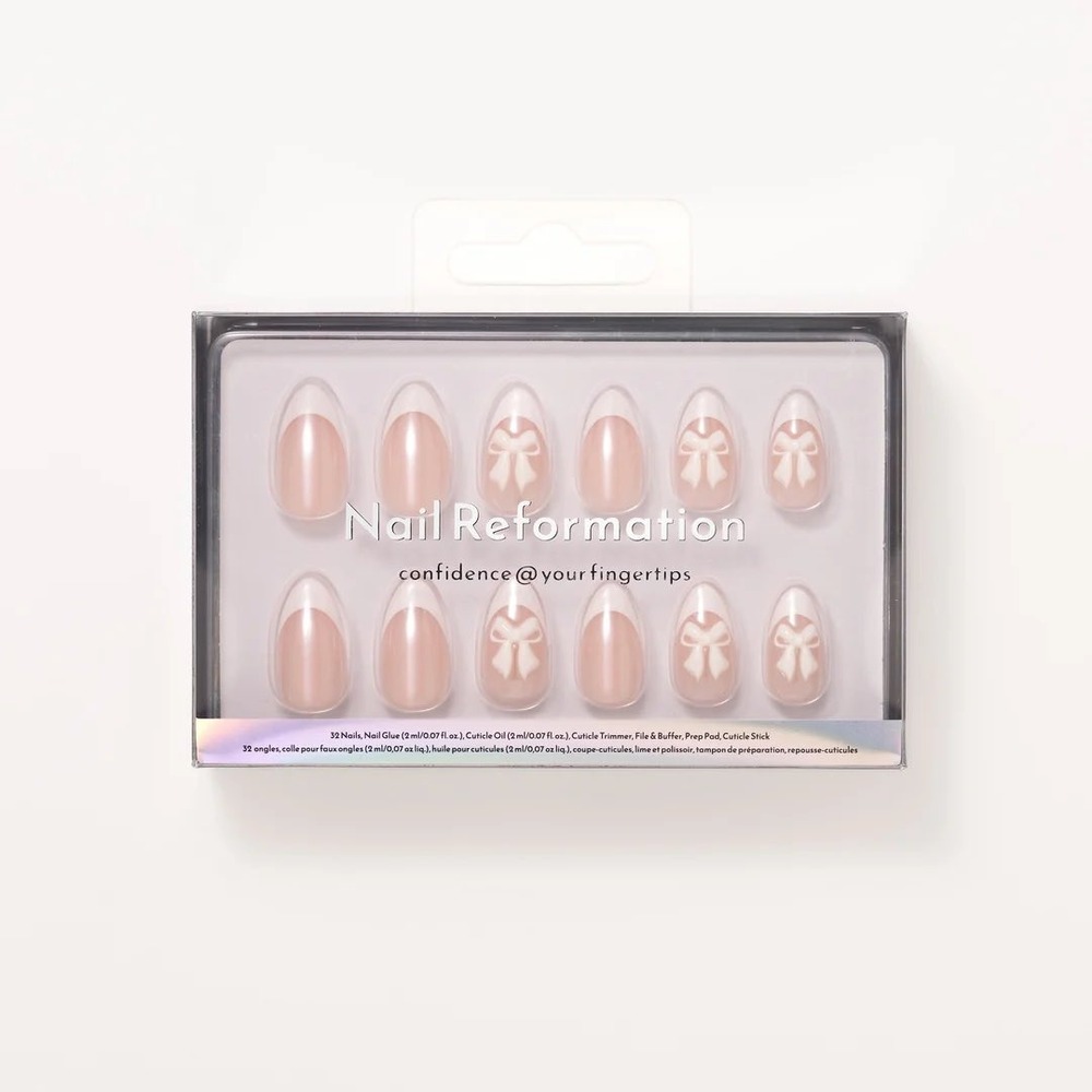 Nail‎ Reformation French Tip Bow Press On Nails Kit 32ct Almond Shape Nude White